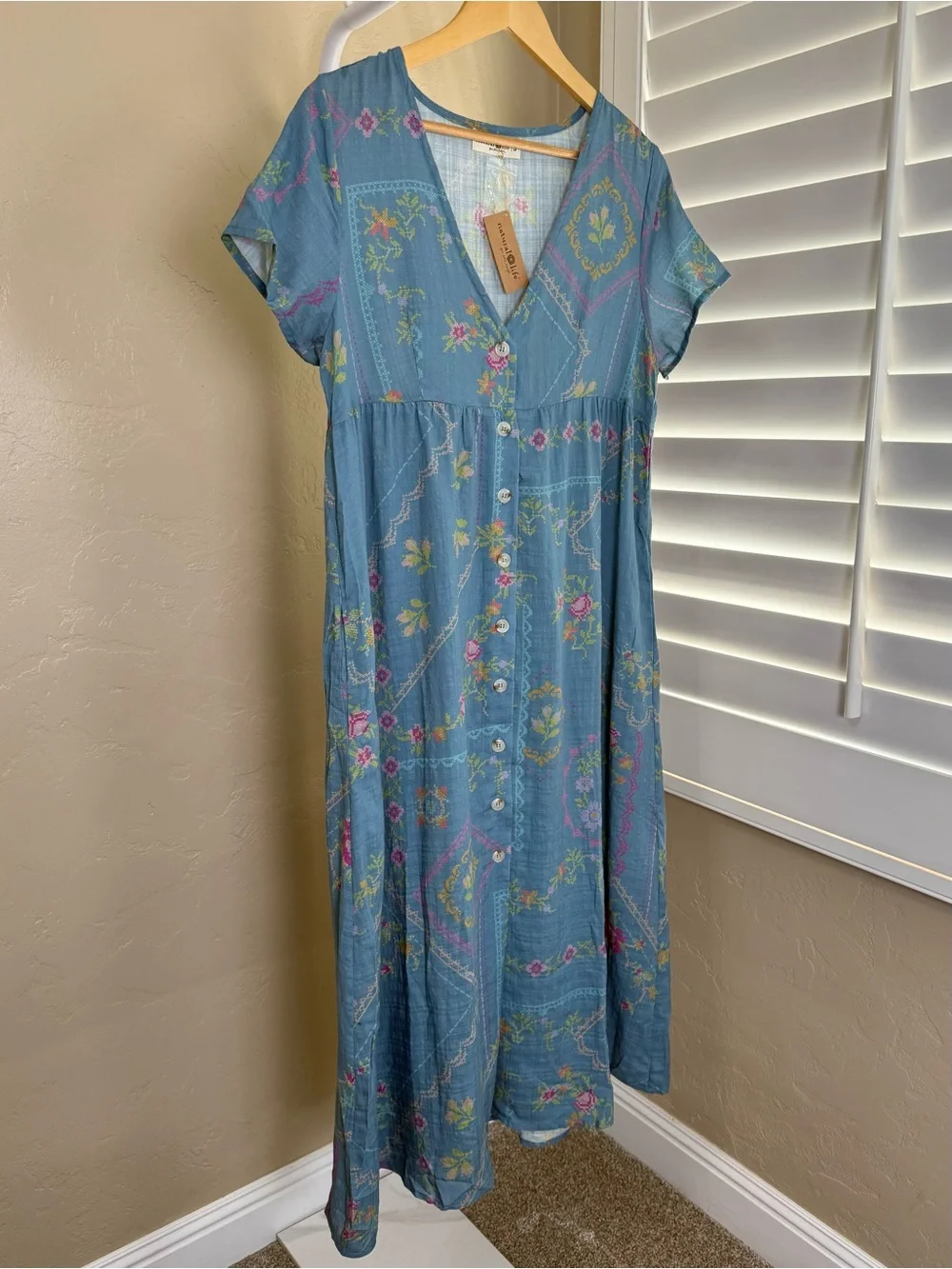 Natural Life Avery Midi Dress Heirloom Cross Stitch Blue NWT Small Pockets - Picture 6 of 12